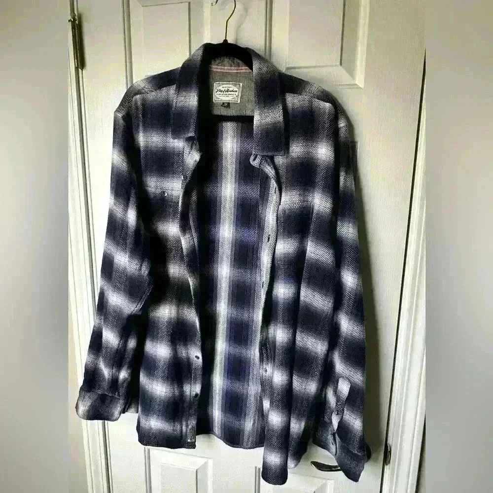 Flag & Anthem Mens Blue Black &White Thick Flannel Button Down Shirt Size 2XL